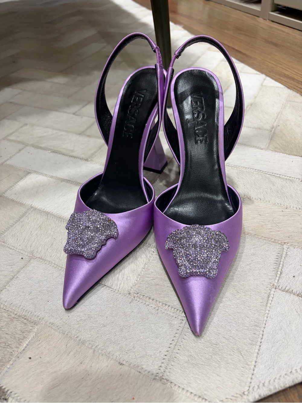 Versace Purple Satin Pointed Slingback Heels with Glitter Medusa